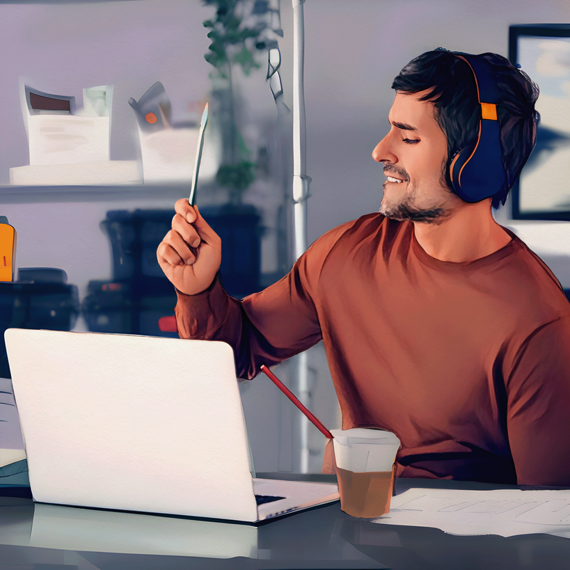 A man listening to music, playing an imaginary drum set.