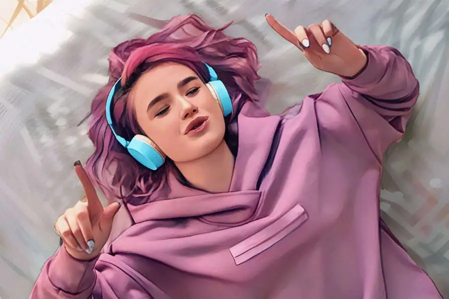 Pink haired girl listening to music