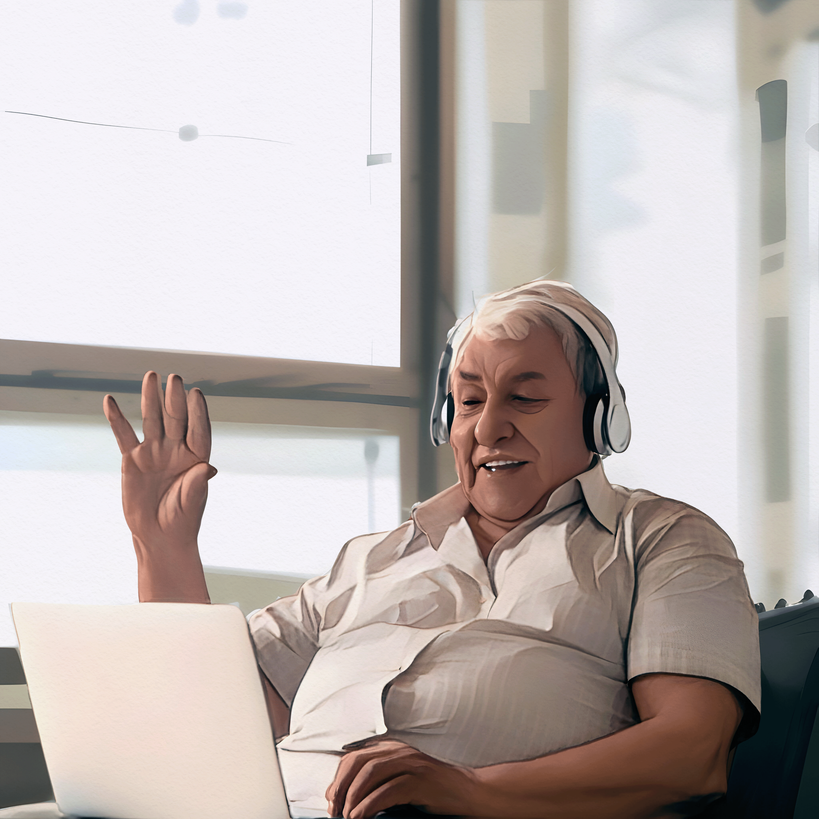 An elderly person on a video call.