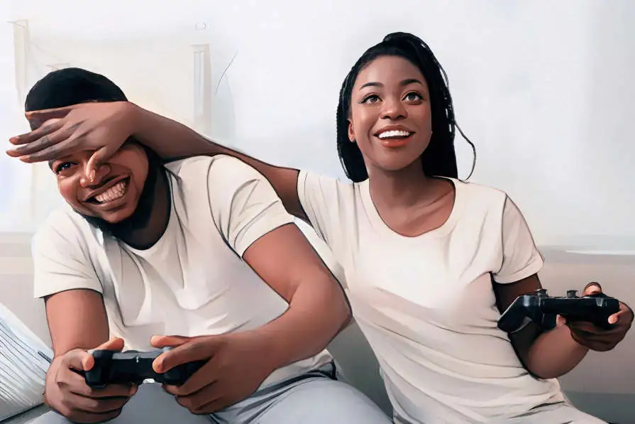 Siblings playing video game