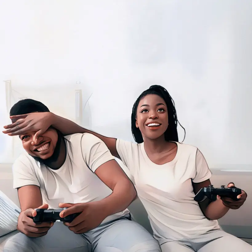 Siblings playing video game